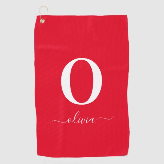 Name des Monogrammskripts Personalisiert rot und w Golfhandtuch (Vorderseite)