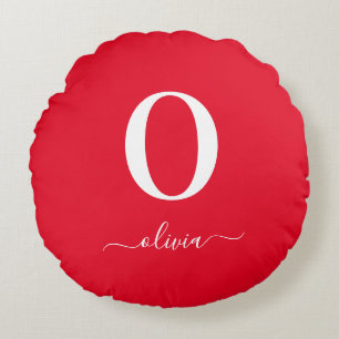 Name des Monogrammskripts Personalisiert rot und w Rundes Kissen