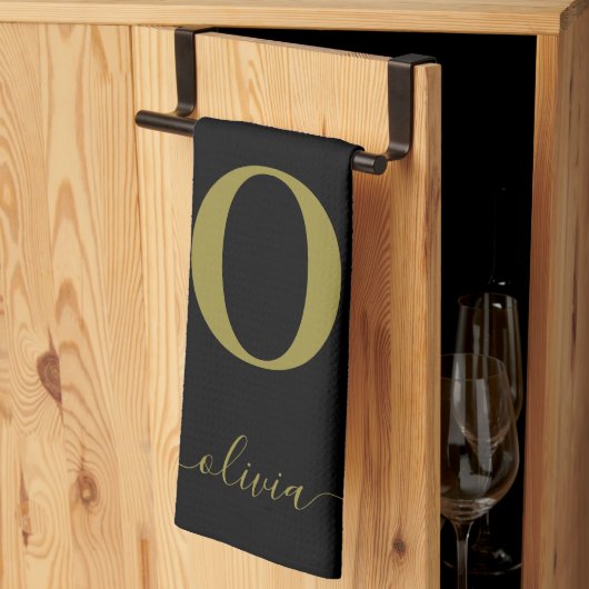 Name des Monogrammskripts Personalisiert Schwarz u Geschirrtuch (Drittel gefaltet)