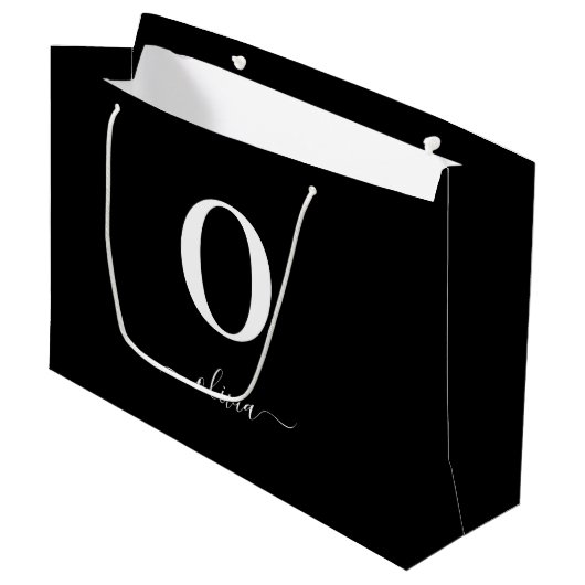 Name des Monogrammskripts Personalisiert schwarz u Große Geschenktüte (Vorderseite Schrägansicht)
