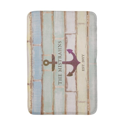 Name des nautischen Ankerbootes Rustic Wood Badematte (Vorderseite Vertikal)