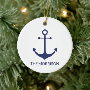 Name des nautischen Ankerschiffes, blau-weiß  Keramik Ornament