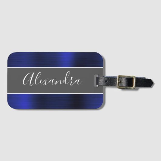 Name des Navy Blue Brushed Metal Monogram Gepäckanhänger (Vorderseite (Horizontal))