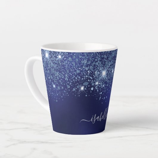 Name des Navy Blue Glitzer Monogram Skripts Milchtasse (Linke Ecke)