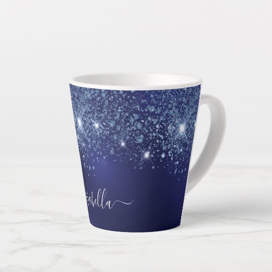 Name des Navy Blue Glitzer Monogram Skripts Milchtasse (Rechte Ecke)