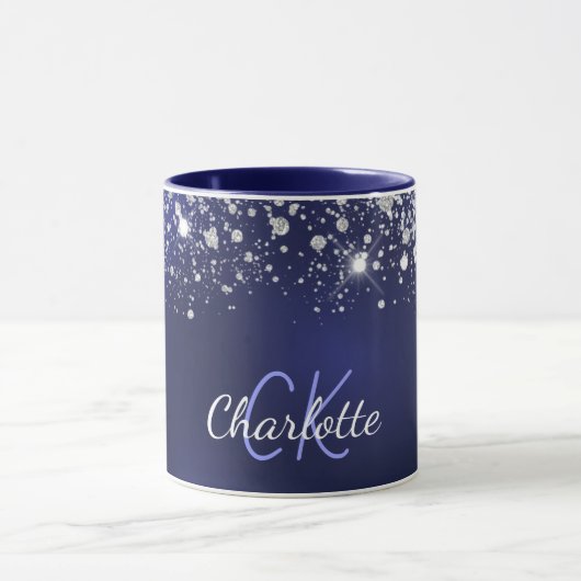 Name des Navy Blue Glitzer Monogram Skripts Tasse (Zentrum)