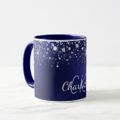Name des Navy Blue Glitzer Monogram Skripts Tasse (Vorderseite Links)