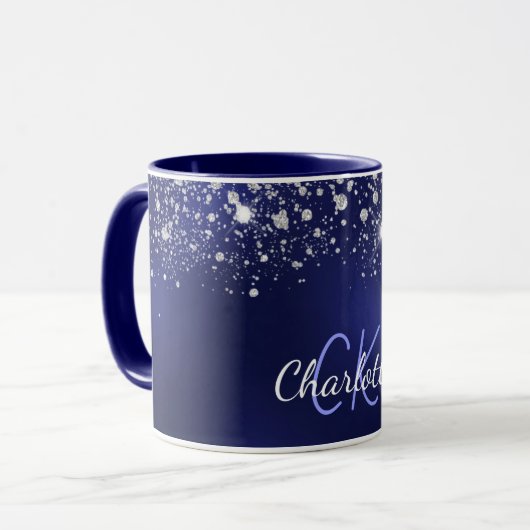 Name des Navy Blue Glitzer Monogram Skripts Tasse (Vorderseite Links)