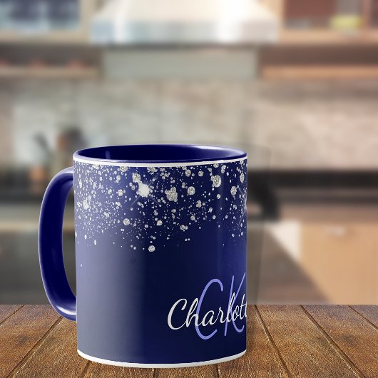Name des Navy Blue Glitzer Monogram Skripts Tasse