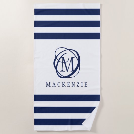 Name des Navy White Stripe Elegante Monogram Strandtuch (Vorderseite)