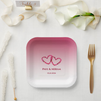 Name des Paares und Datum Rosa Blumenherz Pappteller