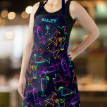 Name des personalisierten Barkeepers, helle Neon C Schürze<br><div class="desc">Eine lustige Schürze mit hellen Neoncocktailbrillen. Fügen Sie einen Namen oder benutzerdefinierten Text zu personalisieren. Ideal für einen Barkeeper,  einen Mixologen und jeden,  der Cocktails genießt</div>