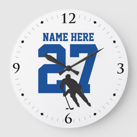 Name des personalisierten Hockey-Spielers blau Große Wanduhr (Vorderseite)