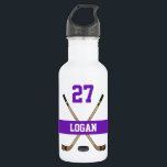 Name des personalisierten Hockey-Spielers Lila Edelstahlflasche<br><div class="desc">Personalisiert Hockey Player Name Number Hockey Sticks Lila Kings Wasserflasche</div>