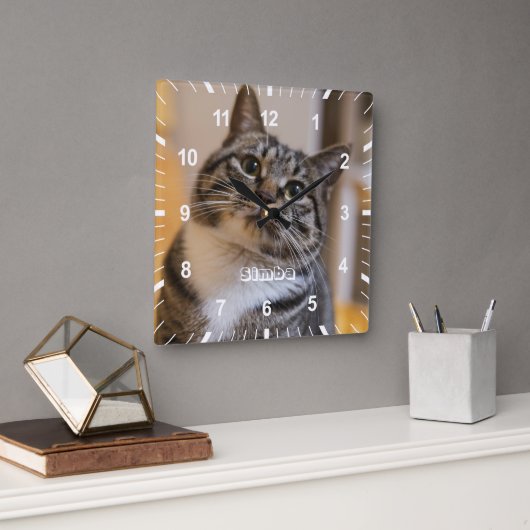 Name des personalisierten Katzen Foto Quadratische Wanduhr (Büro)