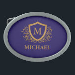 Name des Personalisierten Monogramms für Navy Blue Ovale Gürtelschnalle<br><div class="desc">Navy Blue und Gold Personalisiert Stylish Monogram Name. Für weitere Anpassungen klicken Sie bitte auf die Schaltfläche "Anpassen" und verwenden Sie unser Designwerkzeug,  um diese Vorlage zu ändern.</div>