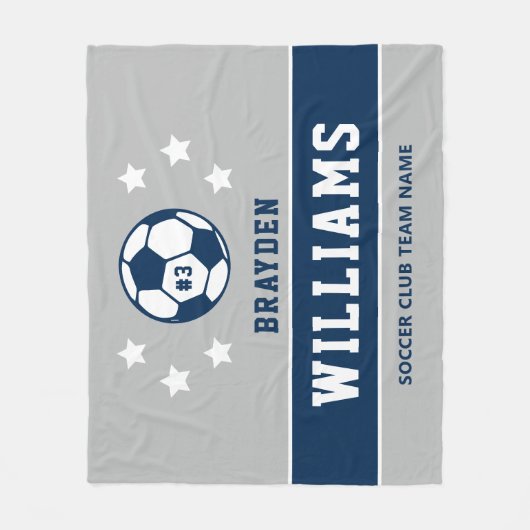 Name des personalisierten Navy Blue und Grau Socce Fleecedecke (Vorderseite)