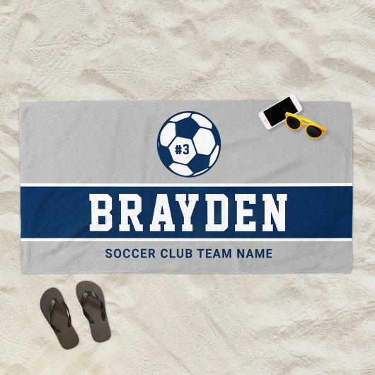 Name des personalisierten Navy Blue und Grau Socce Strandtuch