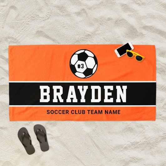 Name des personalisierten Orange-Fußballspielers Strandtuch