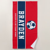 Name des personalisierten Red Navy Blue Soccer Pla Strandtuch (Vorderseite)