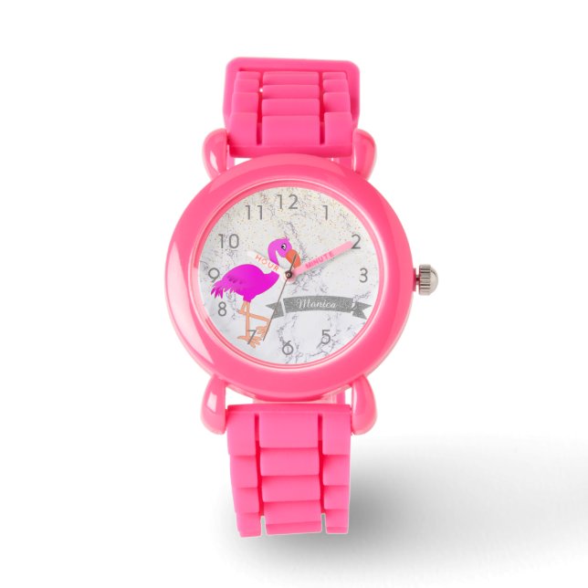 Name des rosa Flamingo-Marmor-Monogramms Armbanduhr (Vorderseite)