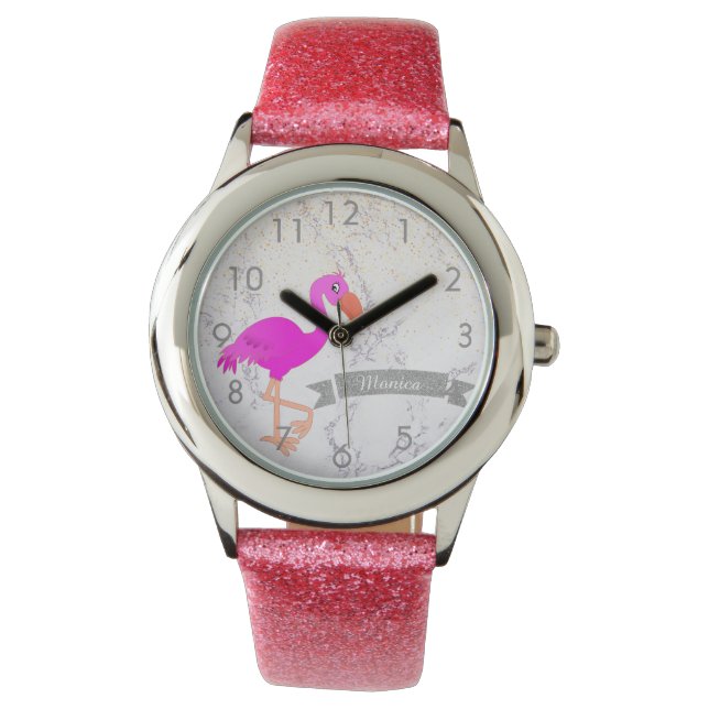 Name des rosa Flamingo-Marmor-Monogramms Armbanduhr (Vorderseite)