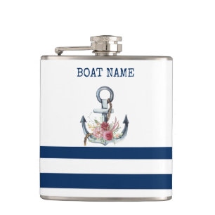 Name des Schiffes, Anker Blume Navy Blue Streifen Flachmann