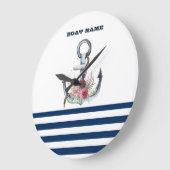 Name des Schiffes, Anker Blume Navy Blue Streifen Große Wanduhr (Winkel)