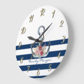  Name des Schiffes, Anker Blume Navy Blue Streifen Große Wanduhr (Winkel)