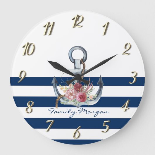  Name des Schiffes, Anker Blume Navy Blue Streifen Große Wanduhr (Vorderseite)
