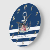 Name des Schiffes, Anker Blume Navy Blue Streifen Große Wanduhr (Winkel)