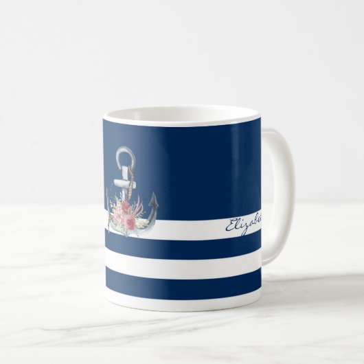 Name des Schiffes,Anker Blume Navy Blue Streifen Kaffeetasse (VorderseiteRechts)