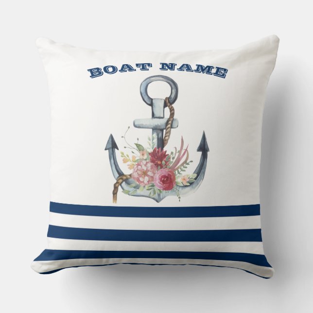 Name des Schiffes, Anker Blume Navy Blue Streifen Kissen (Vorderseite)