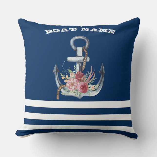Name des Schiffes,Anker Blume Navy Blue Streifen Kissen (Vorderseite)
