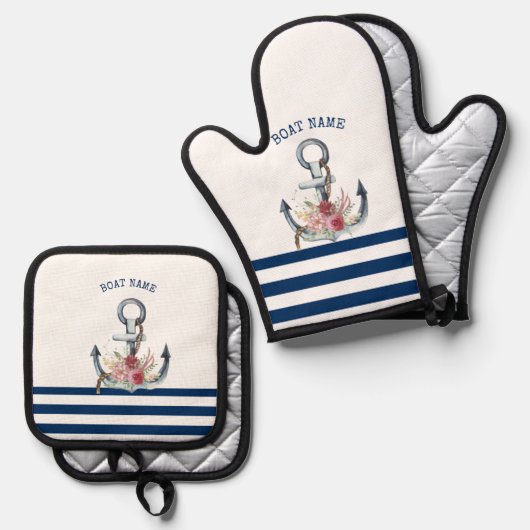 Name des Schiffes, Anker Blume Navy Blue Streifen Ofenhandschuh & Topflappen-Set (Vorderseite/Rückseite)