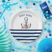 Name des Schiffes, Anker Blume Navy Blue Streifen Pappteller (Party)