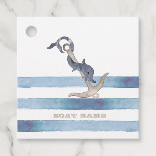 Name des Schiffes, Anker Delphin Light Blue Streif Geschenkanhänger (Vorderseite)