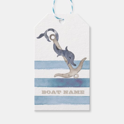 Name des Schiffes, Anker Delphin Light Blue Streif Geschenkanhänger (Vorderseite)