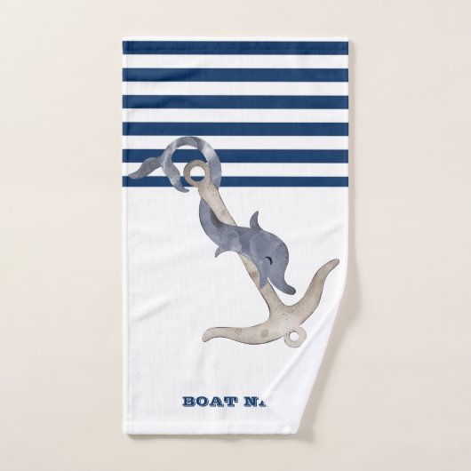 Name des Schiffes, Anker Delphin Navy Blue Strip Badhandtuch Set (Handtuch)
