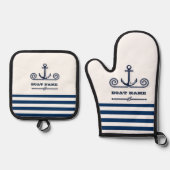 Name des Schiffes, Anker, Seil, Blaue Streifen der Ofenhandschuh & Topflappen-Set (Vorderseite)