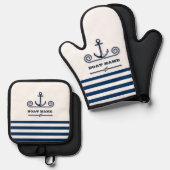 Name des Schiffes, Anker, Seil, Blaue Streifen der Ofenhandschuh & Topflappen-Set (Vorderseite/Rückseite)