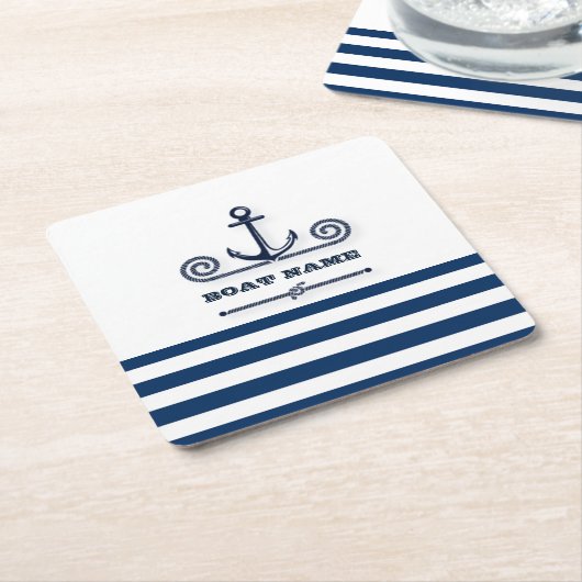 Name des Schiffes, Anker, Seil, Blaue Streifen der Rechteckiger Pappuntersetzer (angewinkelt)