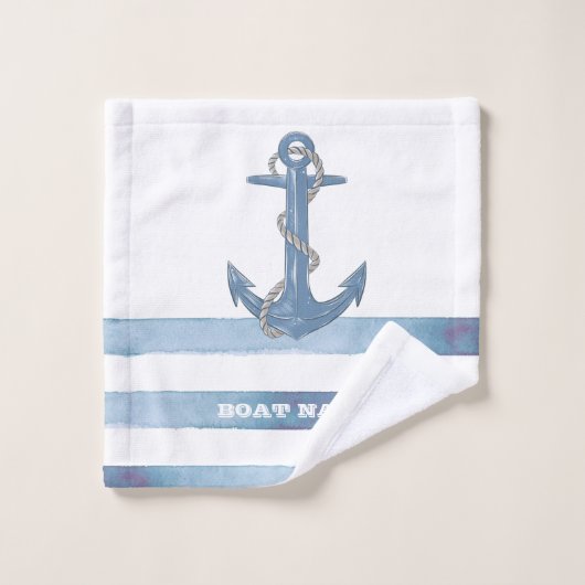 Name des Schiffes, Anker, Seile, Blaue Streifen Badhandtuch Set (Waschlappen)