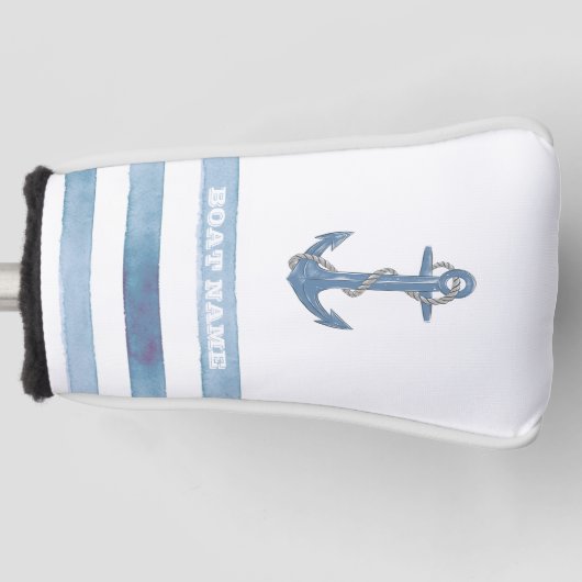 Name des Schiffes, Anker, Seile, Blaue Streifen Golf Headcover (Vorderseite)