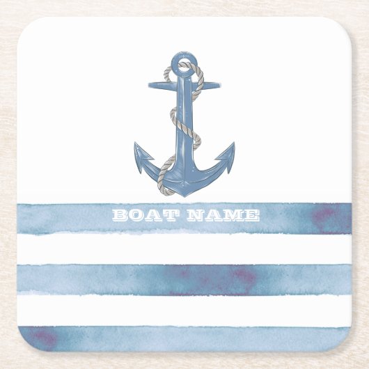 Name des Schiffes, Anker, Seile, Blaue Streifen Rechteckiger Pappuntersetzer (Vorderseite)