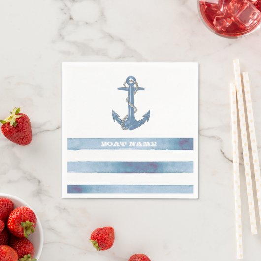 Name des Schiffes, Anker, Seile, Blaue Streifen Serviette (Beispiel)