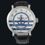 Name des Schiffes, Ankernacht blau gestreift Armbanduhr<br><div class="desc">Anker auf marineblau Hintergrund. Personalisieren Sie den Namen für sich selbst oder als niedliche Geschenkidee.</div>