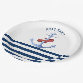 Name des Schiffes, Blaue Ankernacht, blau gestreif Pappteller (Schrägansicht)