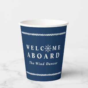 Name des Schiffes "Blue Nautical Ship Name" an Bor Pappbecher
