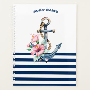 Name des Schiffes, Blumenanker, blaue Streifen der Planer